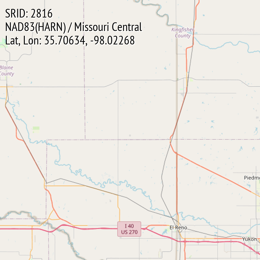 NAD83(HARN) / Missouri Central (SRID: 2816, Lat, Lon: 35.70634, -98.02268)