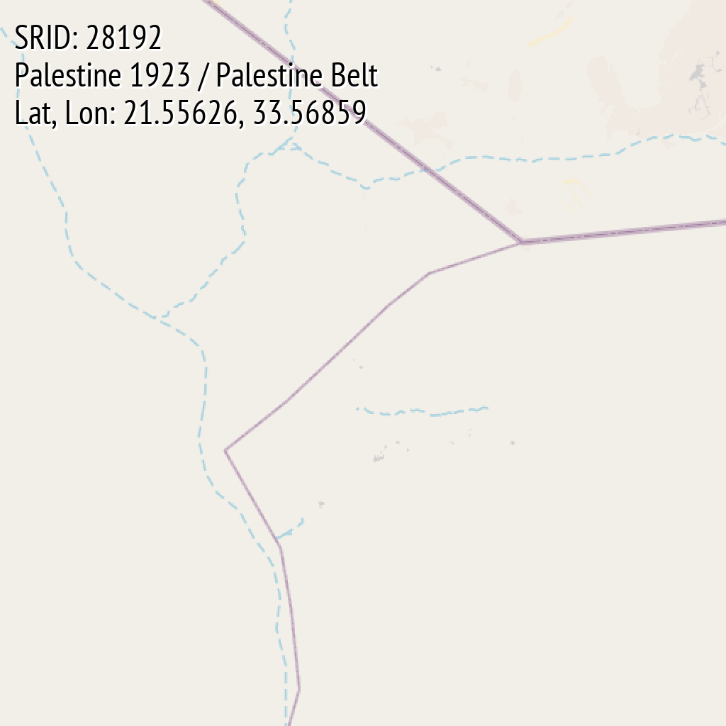 Palestine 1923 / Palestine Belt (SRID: 28192, Lat, Lon: 21.55626, 33.56859)