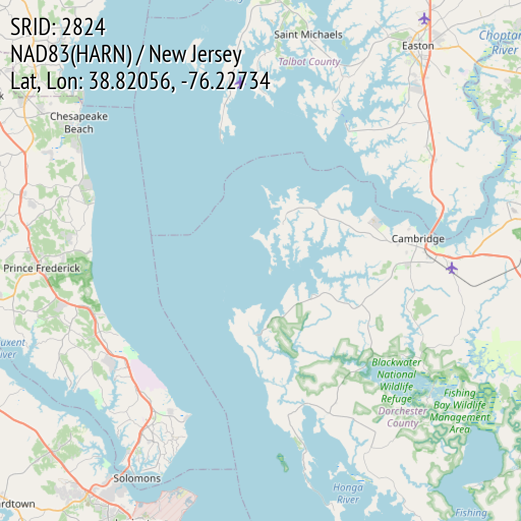 NAD83(HARN) / New Jersey (SRID: 2824, Lat, Lon: 38.82056, -76.22734)