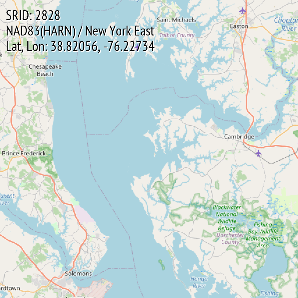 NAD83(HARN) / New York East (SRID: 2828, Lat, Lon: 38.82056, -76.22734)
