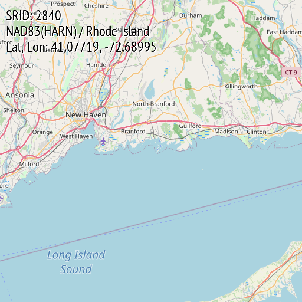 NAD83(HARN) / Rhode Island (SRID: 2840, Lat, Lon: 41.07719, -72.68995)