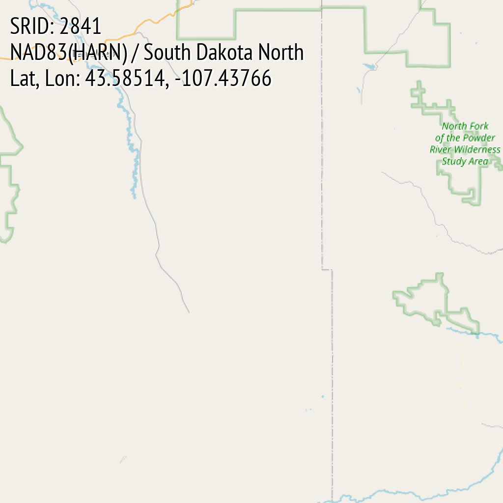 NAD83(HARN) / South Dakota North (SRID: 2841, Lat, Lon: 43.58514, -107.43766)
