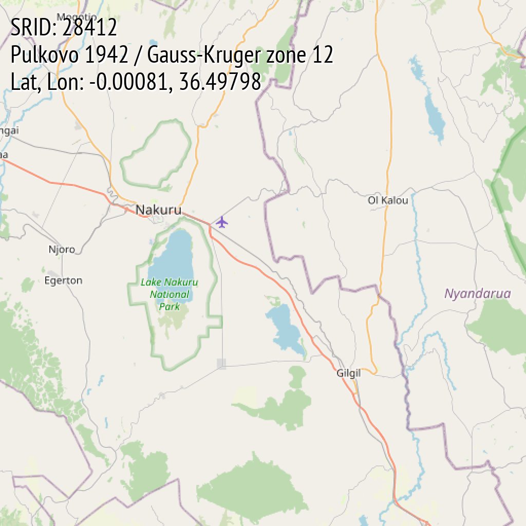 Pulkovo 1942 / Gauss-Kruger zone 12 (SRID: 28412, Lat, Lon: -0.00081, 36.49798)