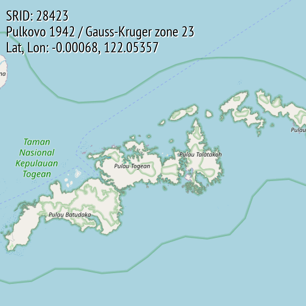 Pulkovo 1942 / Gauss-Kruger zone 23 (SRID: 28423, Lat, Lon: -0.00068, 122.05357)
