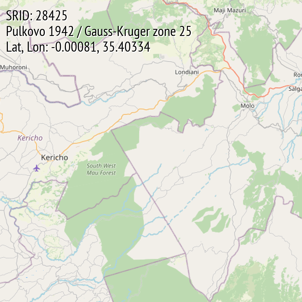 Pulkovo 1942 / Gauss-Kruger zone 25 (SRID: 28425, Lat, Lon: -0.00081, 35.40334)