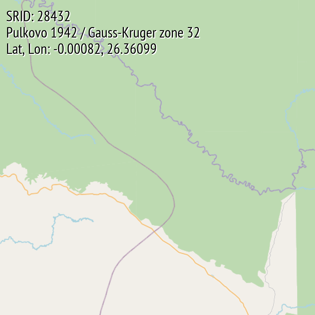 Pulkovo 1942 / Gauss-Kruger zone 32 (SRID: 28432, Lat, Lon: -0.00082, 26.36099)