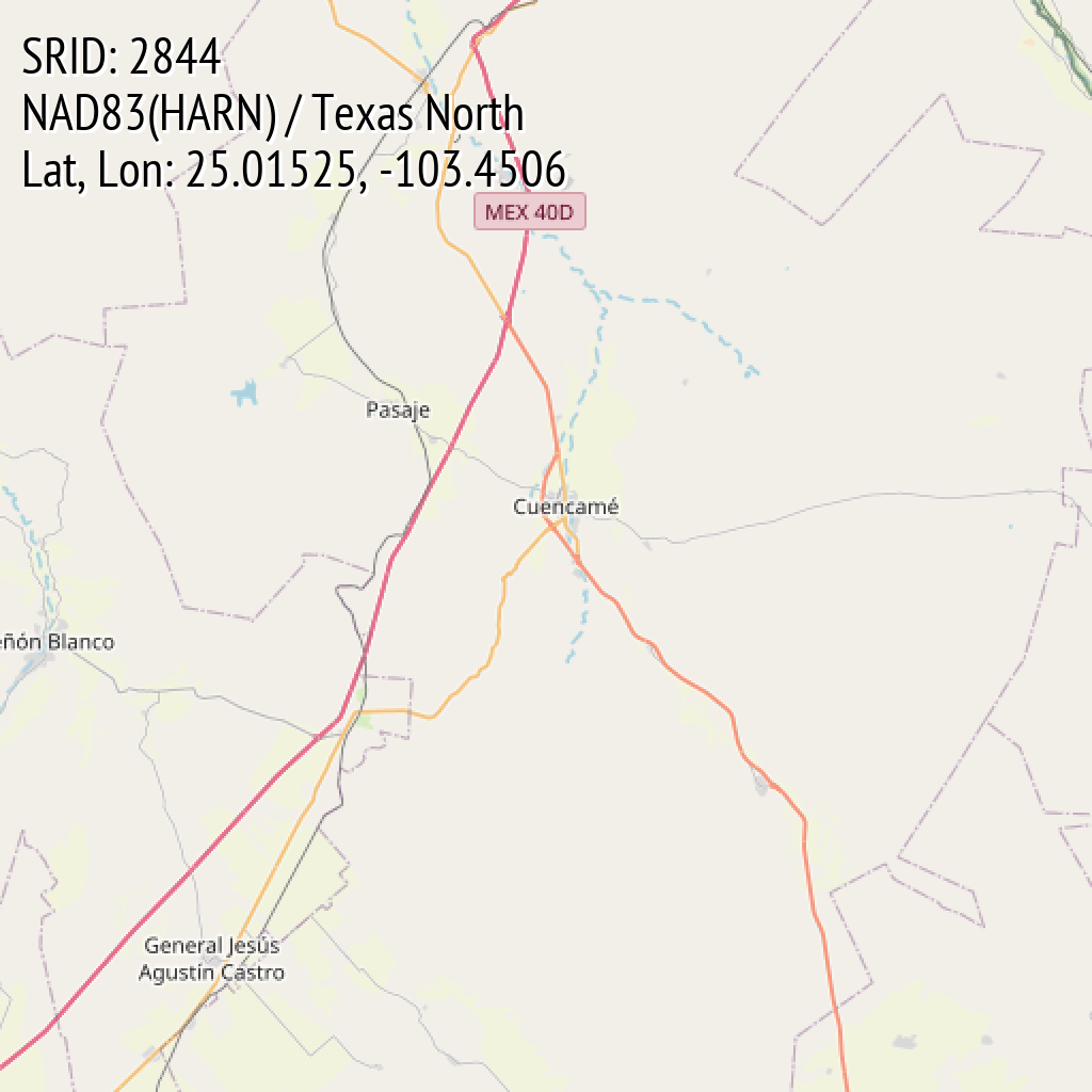 NAD83(HARN) / Texas North (SRID: 2844, Lat, Lon: 25.01525, -103.4506)
