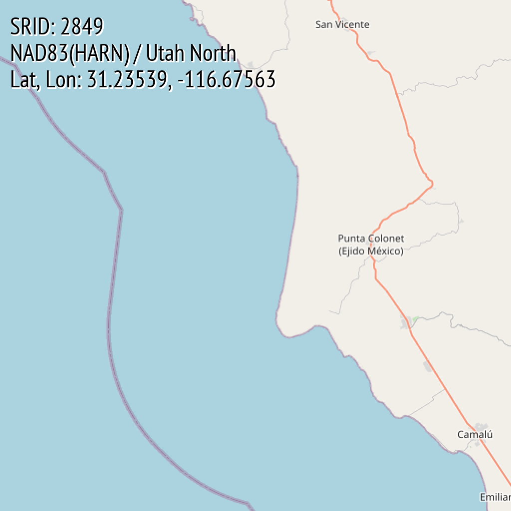 NAD83(HARN) / Utah North (SRID: 2849, Lat, Lon: 31.23539, -116.67563)