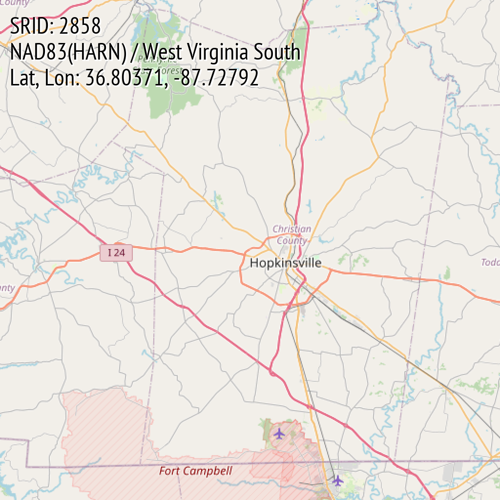 NAD83(HARN) / West Virginia South (SRID: 2858, Lat, Lon: 36.80371, -87.72792)