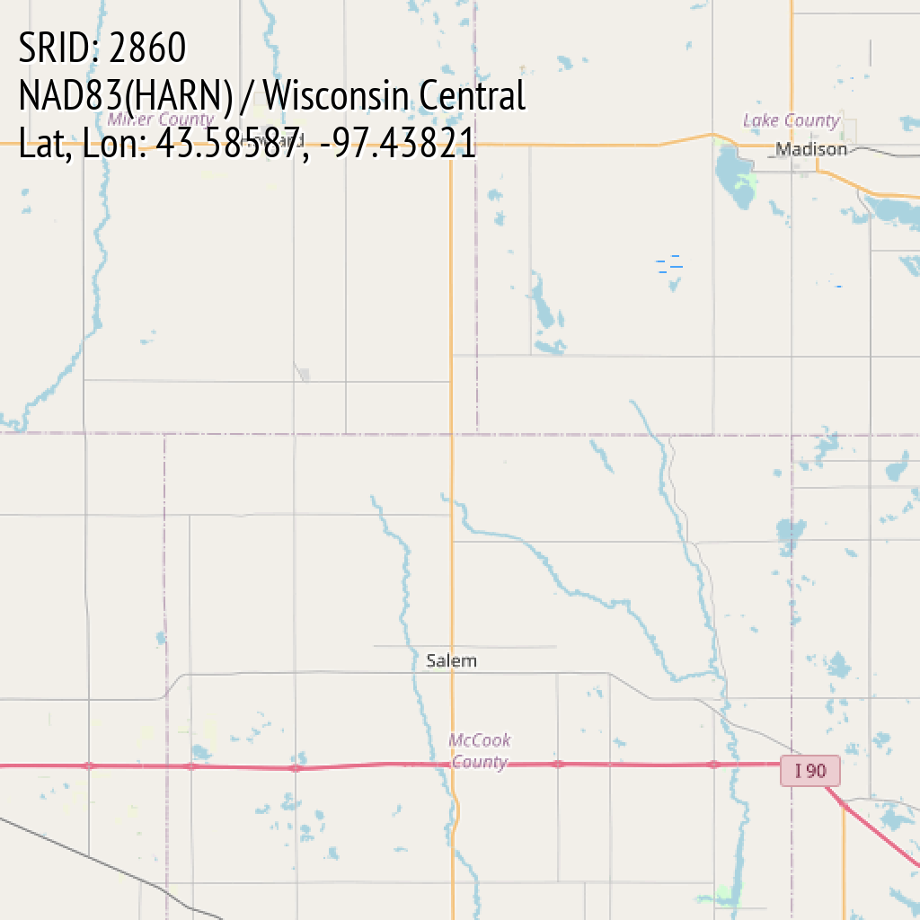 NAD83(HARN) / Wisconsin Central (SRID: 2860, Lat, Lon: 43.58587, -97.43821)