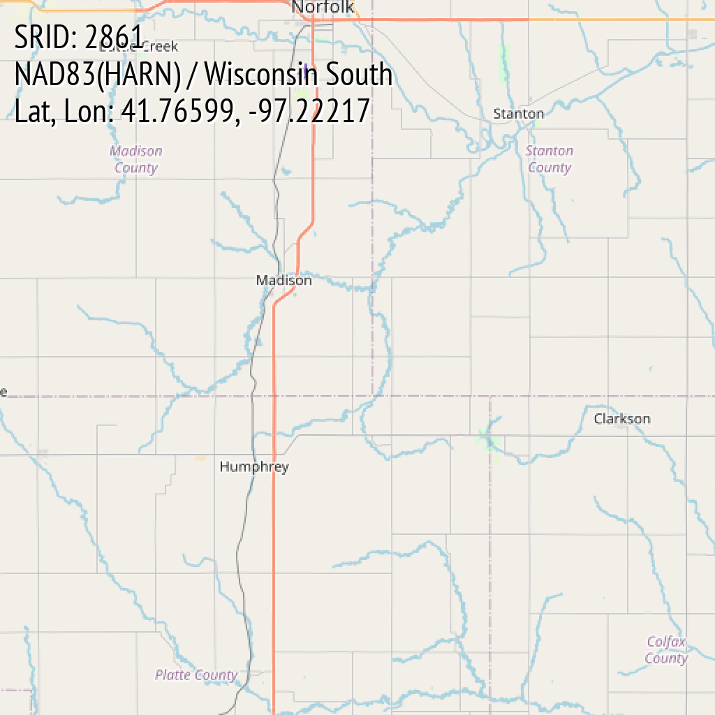 NAD83(HARN) / Wisconsin South (SRID: 2861, Lat, Lon: 41.76599, -97.22217)