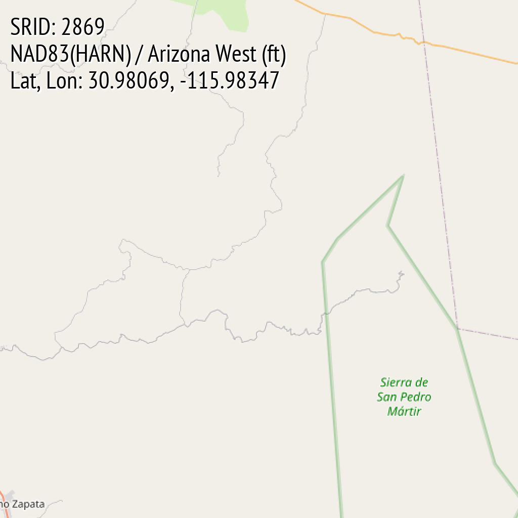 NAD83(HARN) / Arizona West (ft) (SRID: 2869, Lat, Lon: 30.98069, -115.98347)
