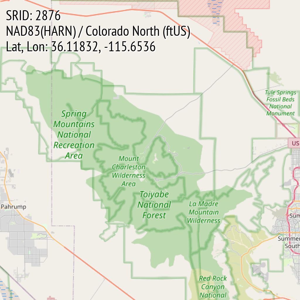 NAD83(HARN) / Colorado North (ftUS) (SRID: 2876, Lat, Lon: 36.11832, -115.6536)