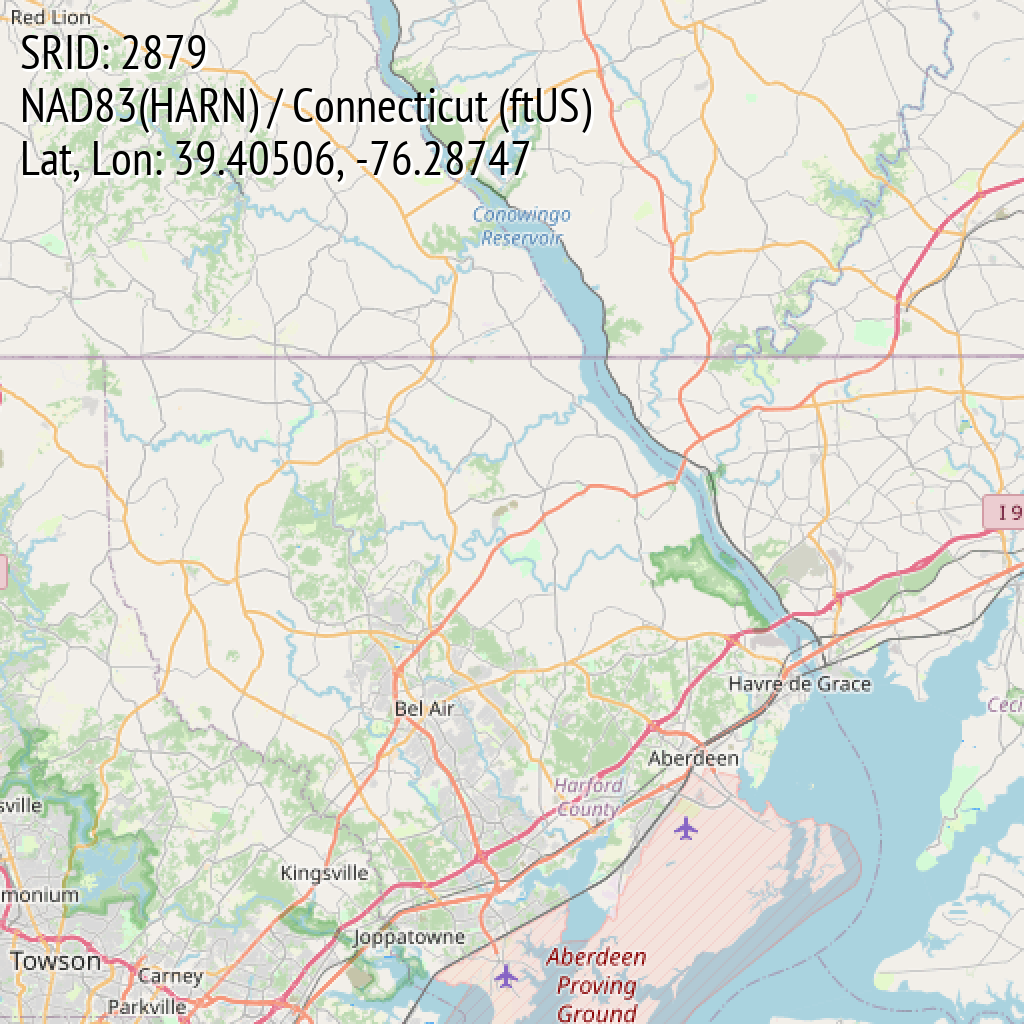 NAD83(HARN) / Connecticut (ftUS) (SRID: 2879, Lat, Lon: 39.40506, -76.28747)