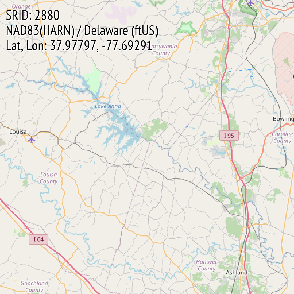 NAD83(HARN) / Delaware (ftUS) (SRID: 2880, Lat, Lon: 37.97797, -77.69291)
