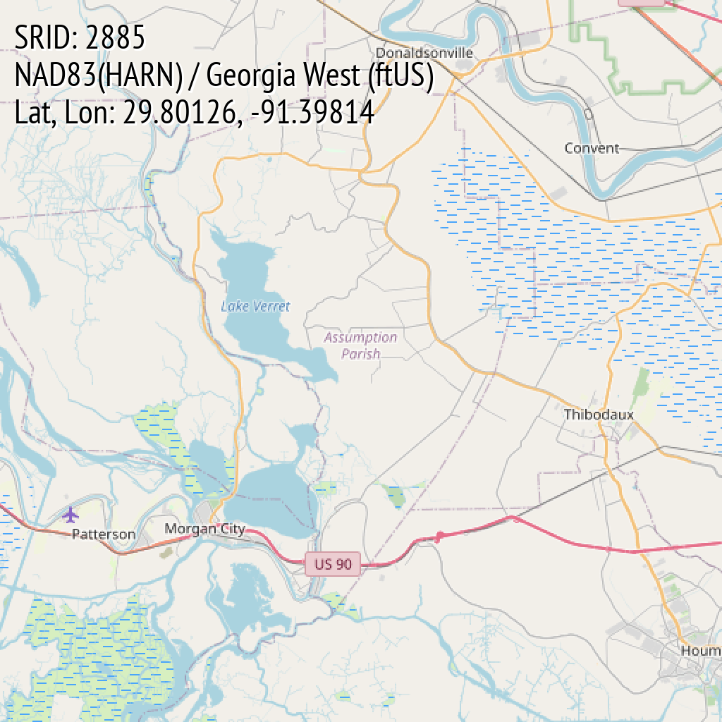 NAD83(HARN) / Georgia West (ftUS) (SRID: 2885, Lat, Lon: 29.80126, -91.39814)