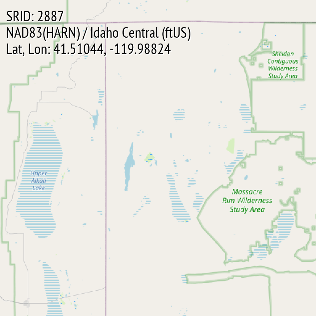 NAD83(HARN) / Idaho Central (ftUS) (SRID: 2887, Lat, Lon: 41.51044, -119.98824)