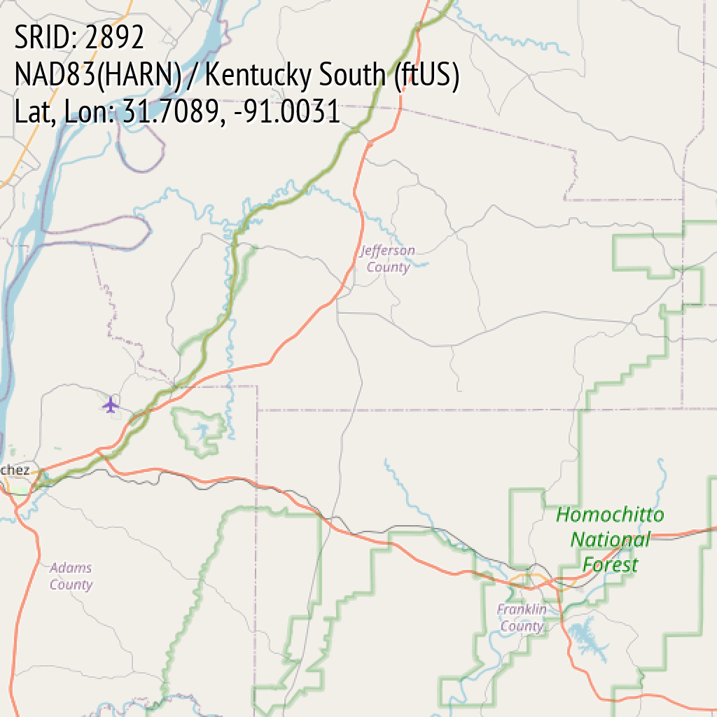 NAD83(HARN) / Kentucky South (ftUS) (SRID: 2892, Lat, Lon: 31.7089, -91.0031)