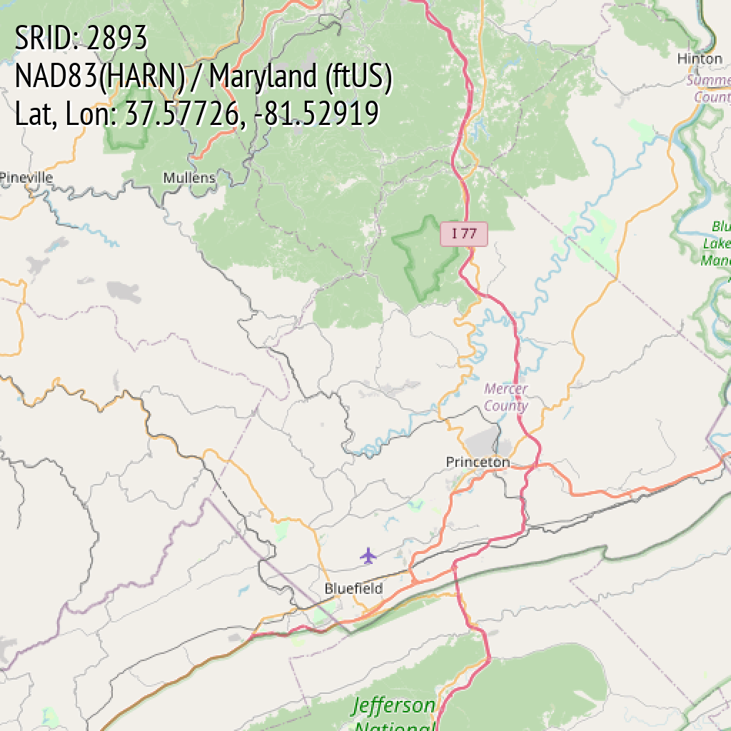 NAD83(HARN) / Maryland (ftUS) (SRID: 2893, Lat, Lon: 37.57726, -81.52919)