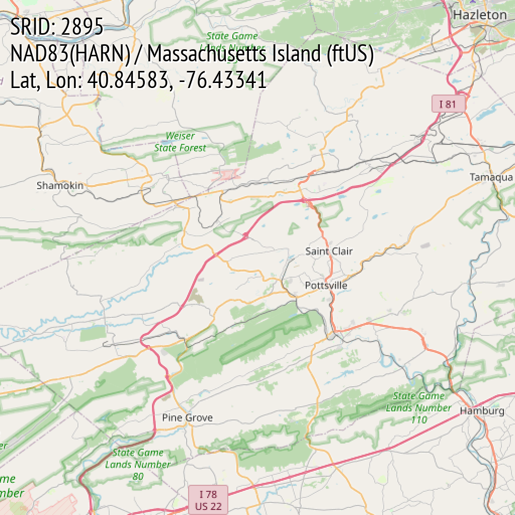NAD83(HARN) / Massachusetts Island (ftUS) (SRID: 2895, Lat, Lon: 40.84583, -76.43341)
