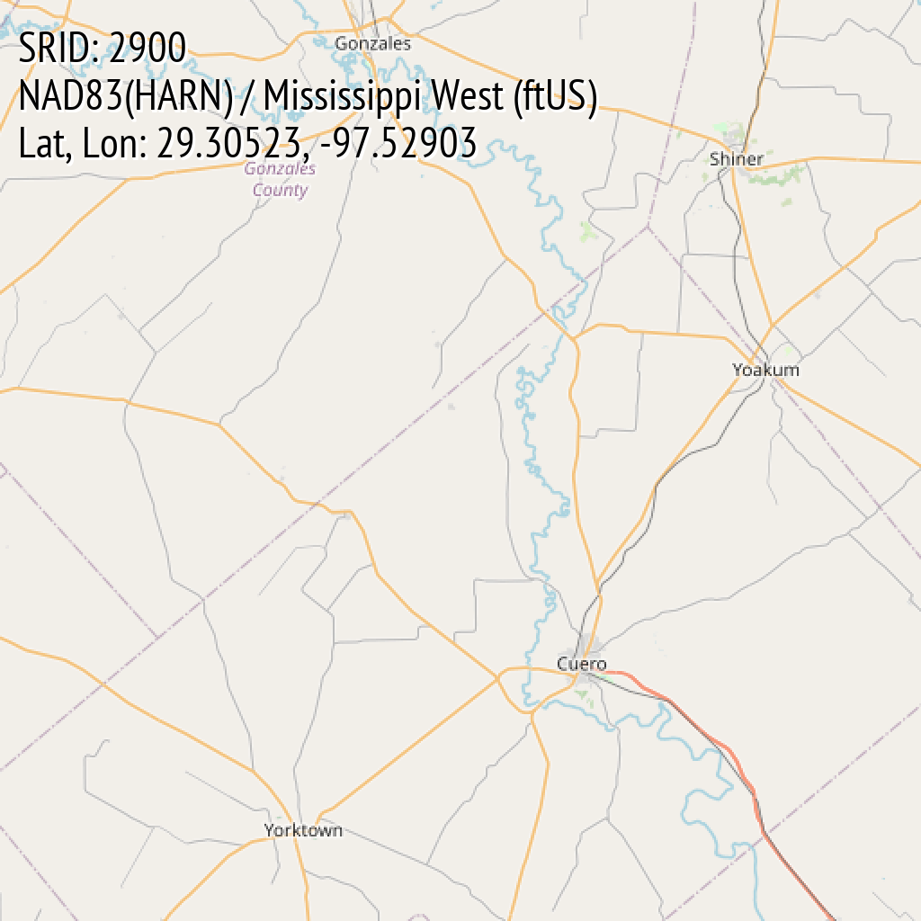 NAD83(HARN) / Mississippi West (ftUS) (SRID: 2900, Lat, Lon: 29.30523, -97.52903)