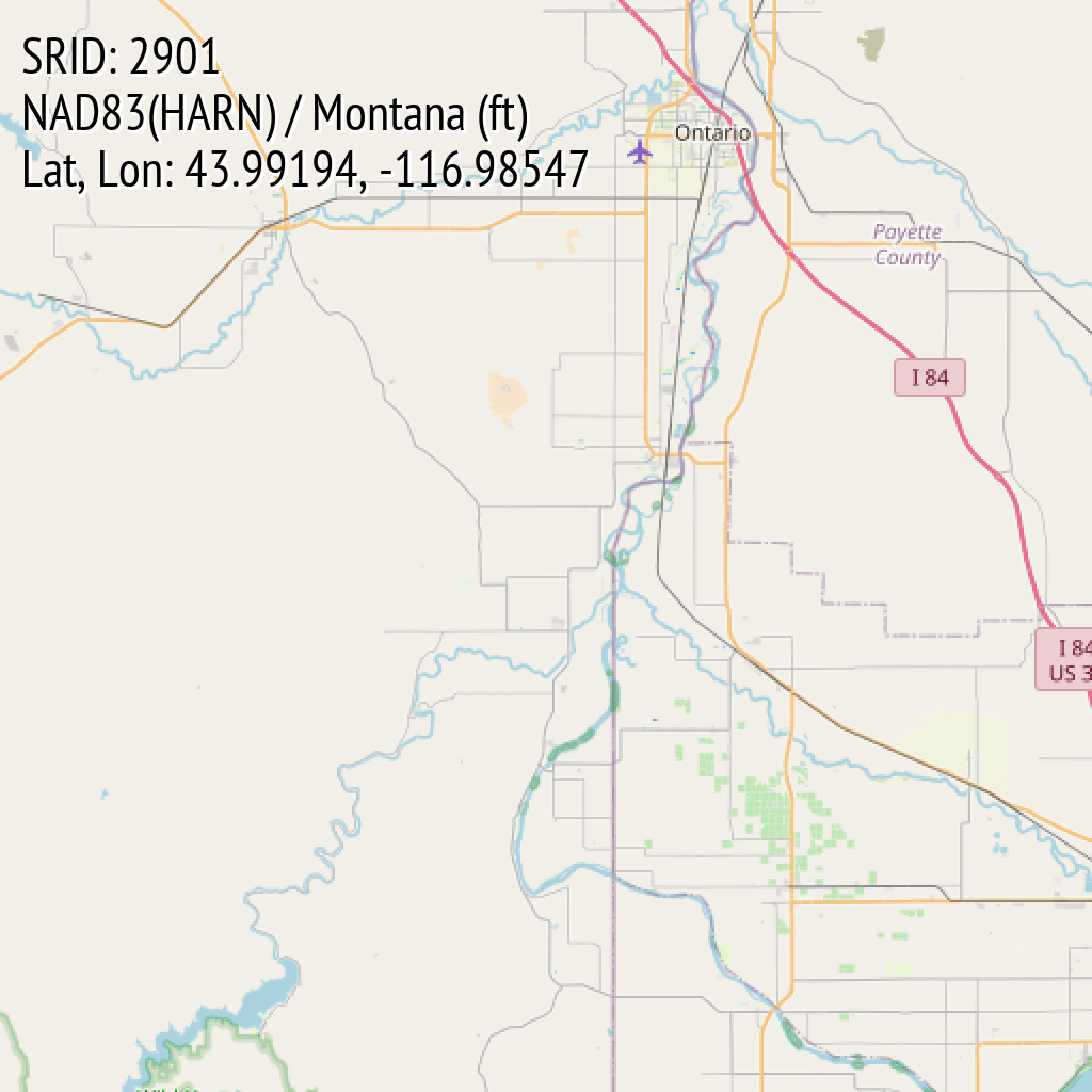 NAD83(HARN) / Montana (ft) (SRID: 2901, Lat, Lon: 43.99194, -116.98547)