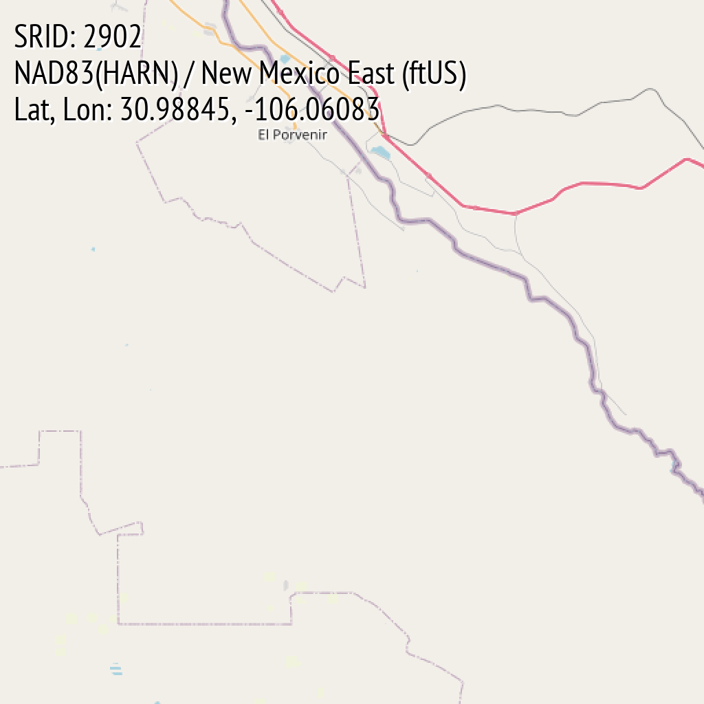 NAD83(HARN) / New Mexico East (ftUS) (SRID: 2902, Lat, Lon: 30.98845, -106.06083)