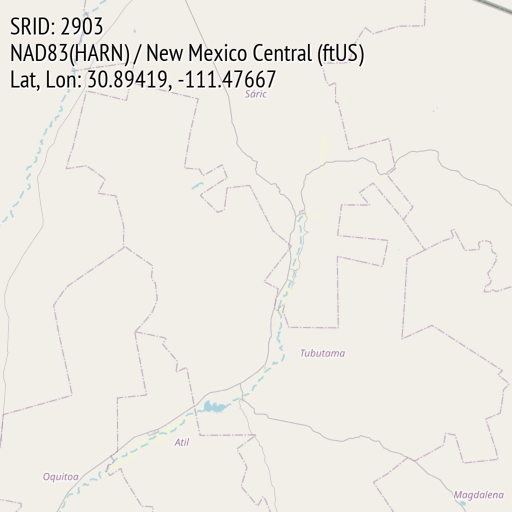 NAD83(HARN) / New Mexico Central (ftUS) (SRID: 2903, Lat, Lon: 30.89419, -111.47667)