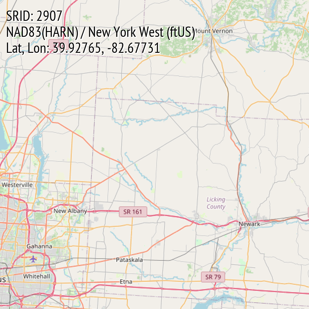 NAD83(HARN) / New York West (ftUS) (SRID: 2907, Lat, Lon: 39.92765, -82.67731)