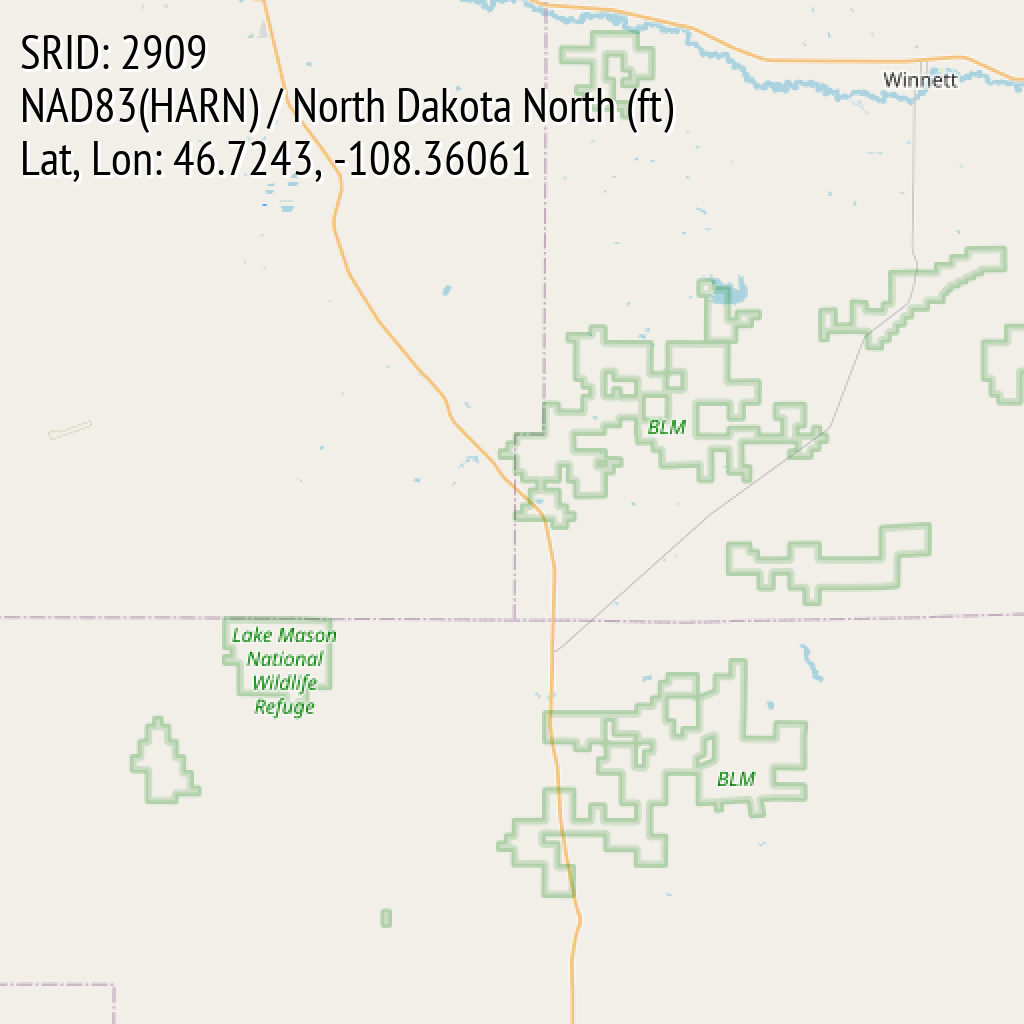 NAD83(HARN) / North Dakota North (ft) (SRID: 2909, Lat, Lon: 46.7243, -108.36061)