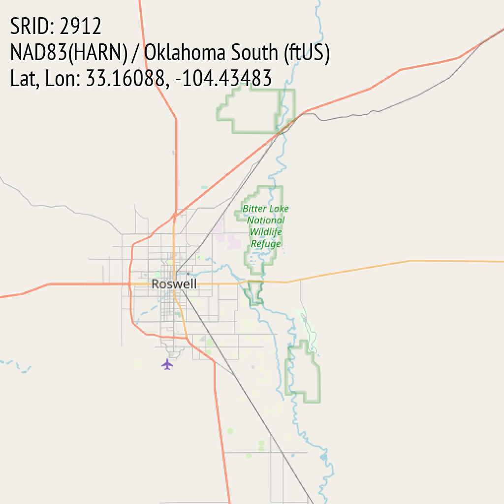 NAD83(HARN) / Oklahoma South (ftUS) (SRID: 2912, Lat, Lon: 33.16088, -104.43483)