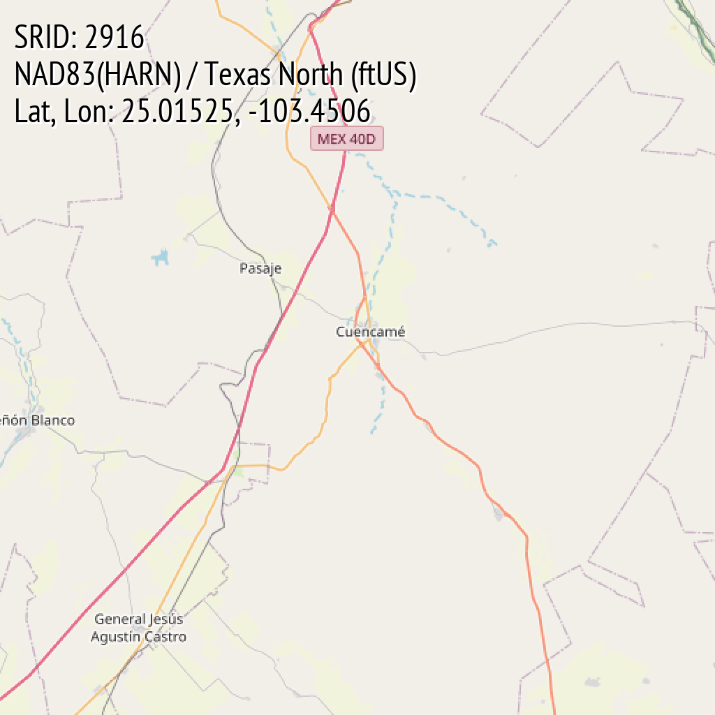 NAD83(HARN) / Texas North (ftUS) (SRID: 2916, Lat, Lon: 25.01525, -103.4506)