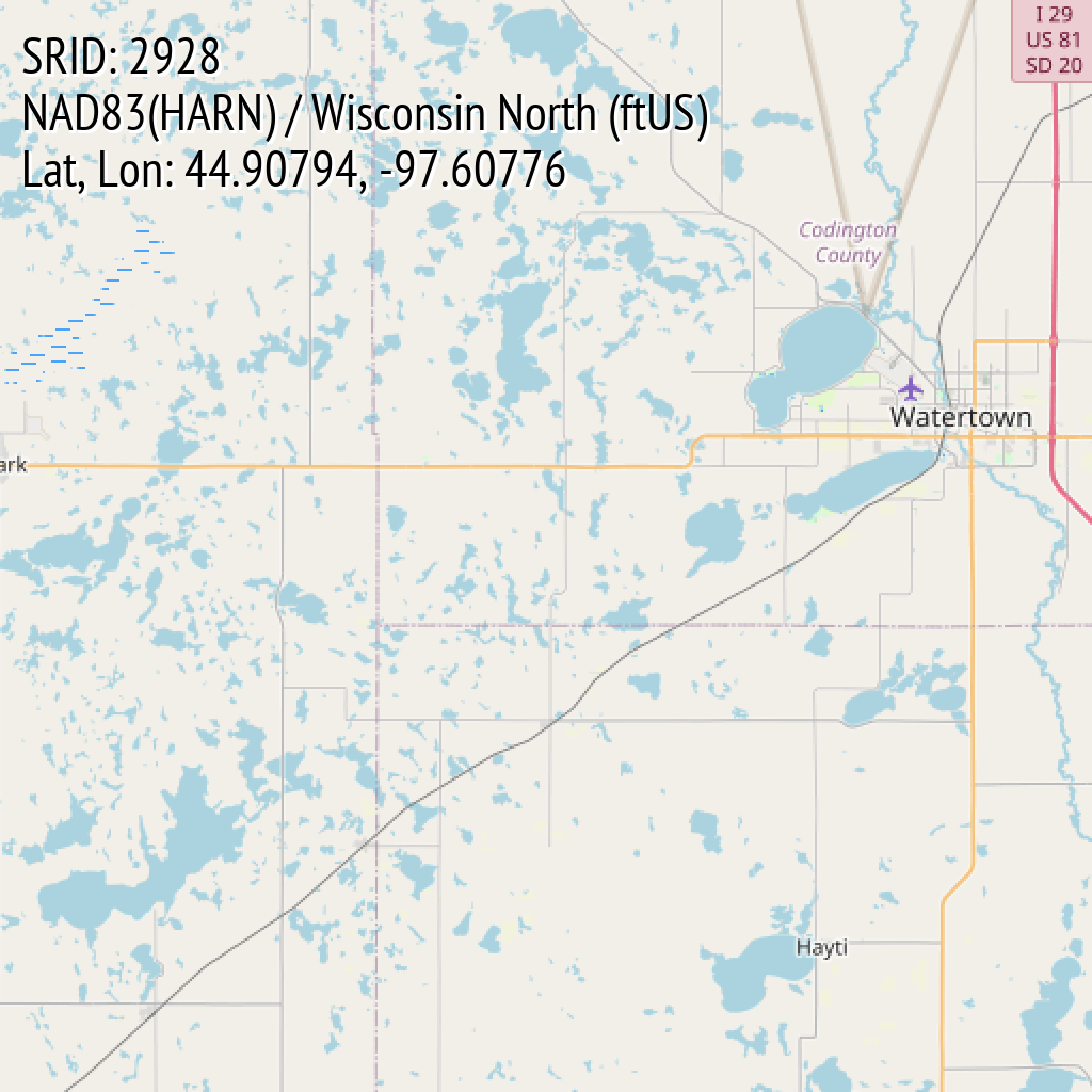 NAD83(HARN) / Wisconsin North (ftUS) (SRID: 2928, Lat, Lon: 44.90794, -97.60776)