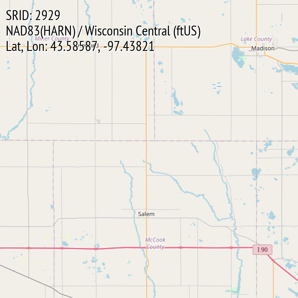 NAD83(HARN) / Wisconsin Central (ftUS) (SRID: 2929, Lat, Lon: 43.58587, -97.43821)