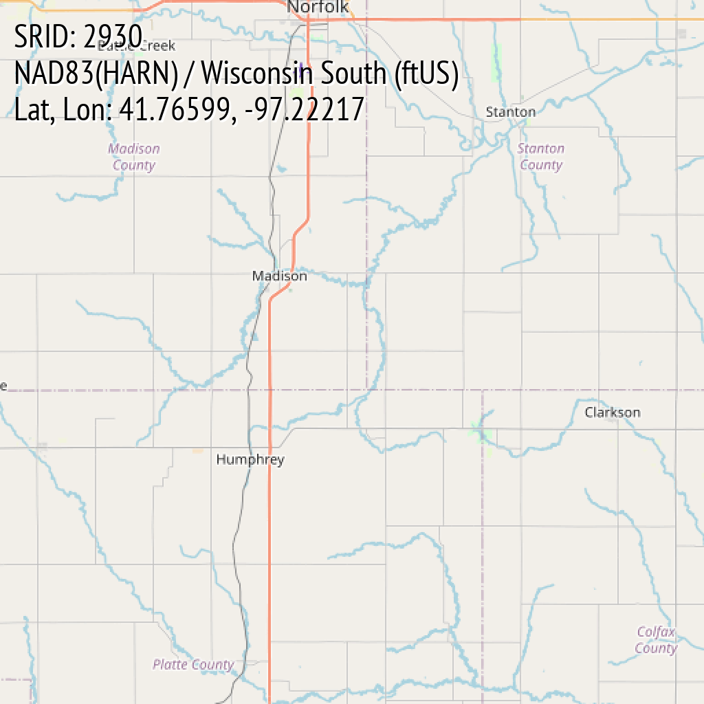 NAD83(HARN) / Wisconsin South (ftUS) (SRID: 2930, Lat, Lon: 41.76599, -97.22217)