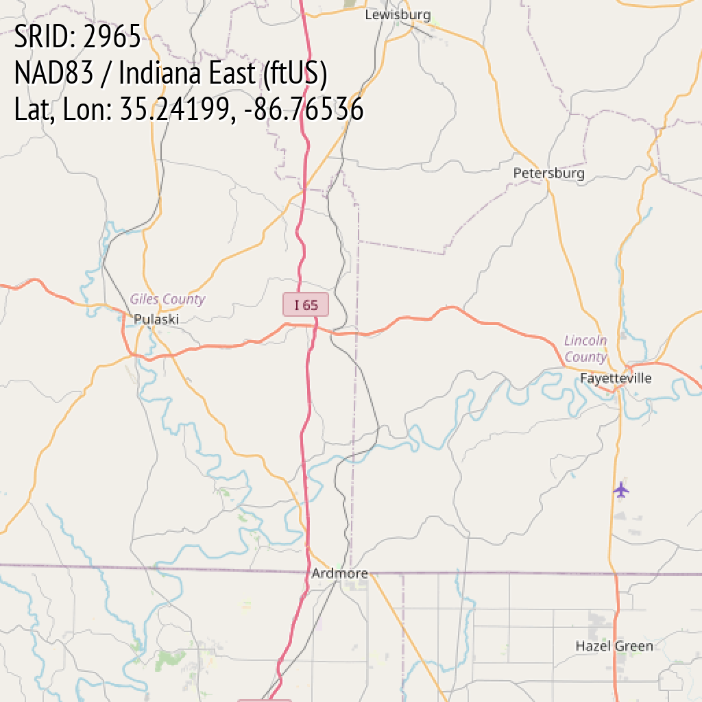 NAD83 / Indiana East (ftUS) (SRID: 2965, Lat, Lon: 35.24199, -86.76536)