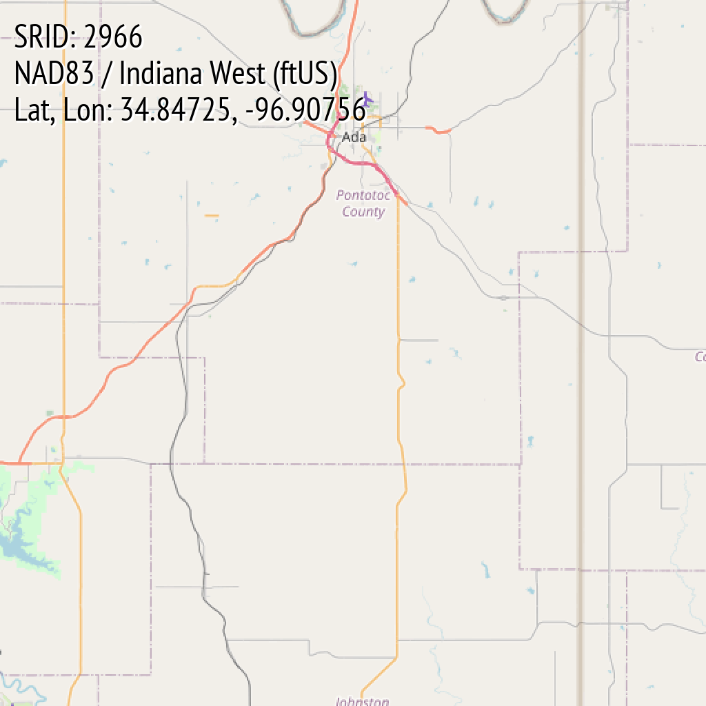 NAD83 / Indiana West (ftUS) (SRID: 2966, Lat, Lon: 34.84725, -96.90756)