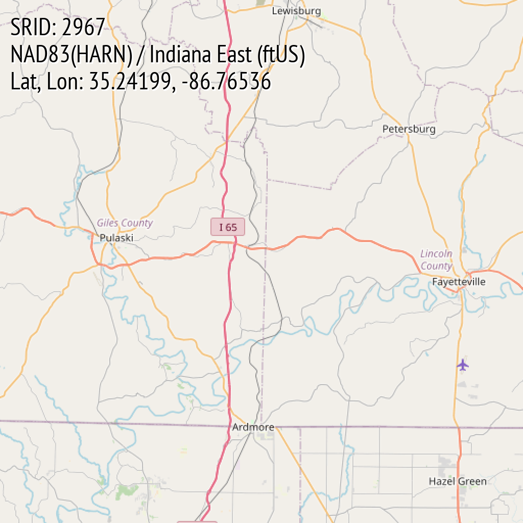 NAD83(HARN) / Indiana East (ftUS) (SRID: 2967, Lat, Lon: 35.24199, -86.76536)