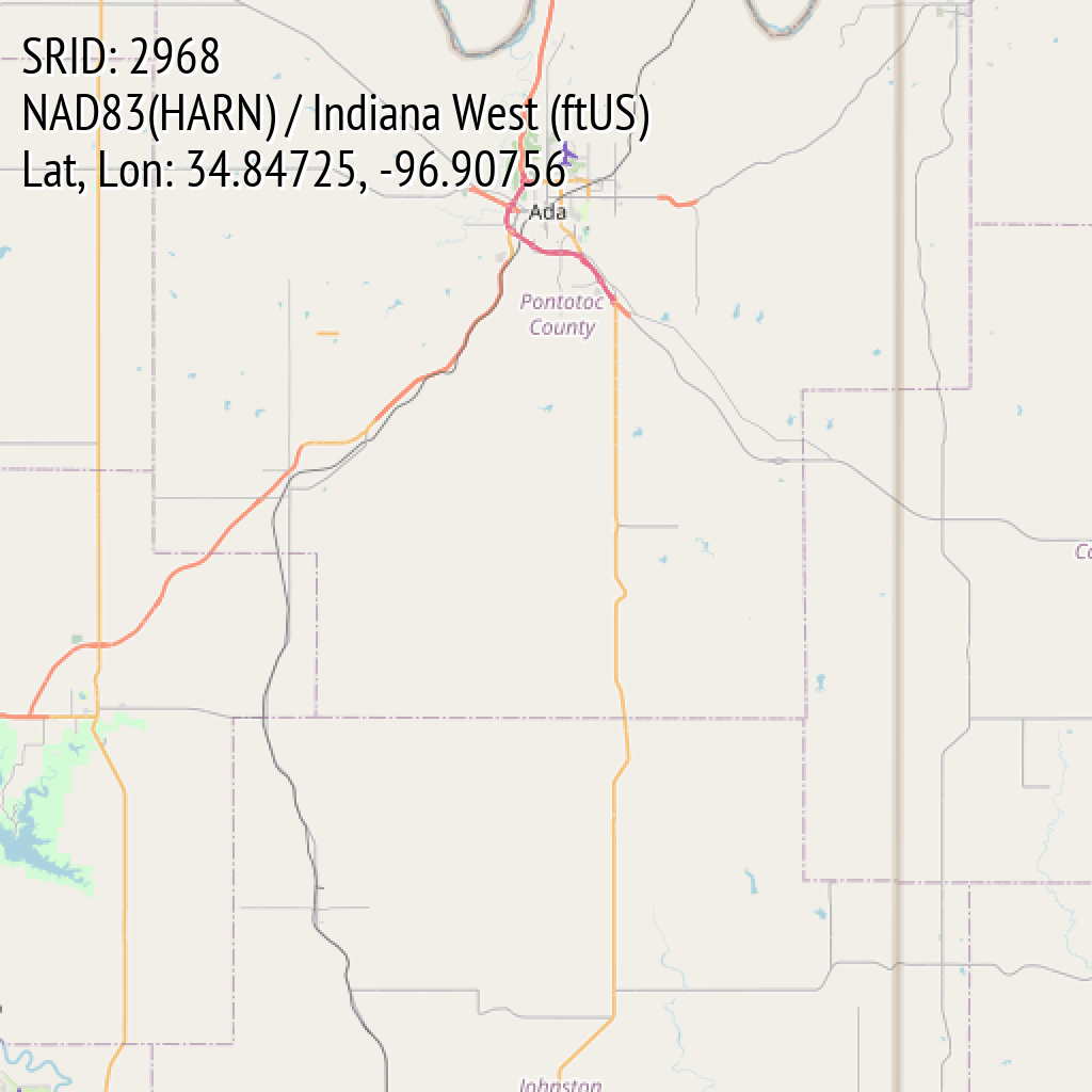 NAD83(HARN) / Indiana West (ftUS) (SRID: 2968, Lat, Lon: 34.84725, -96.90756)