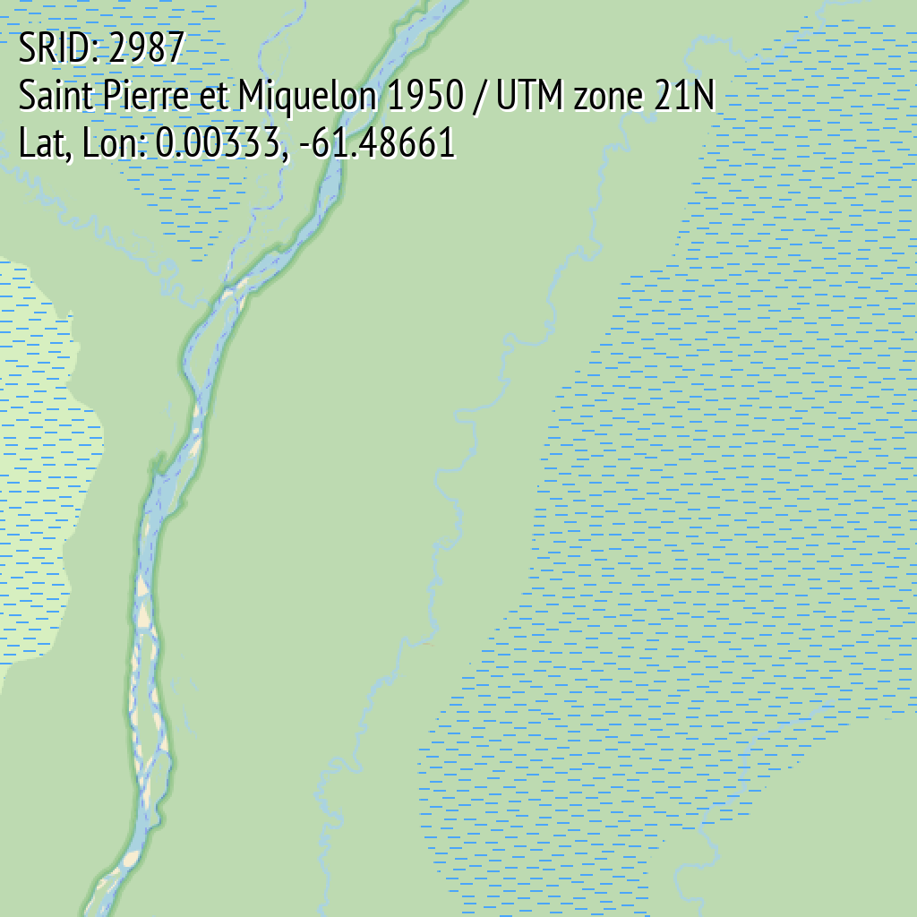 Saint Pierre et Miquelon 1950 / UTM zone 21N (SRID: 2987, Lat, Lon: 0.00333, -61.48661)