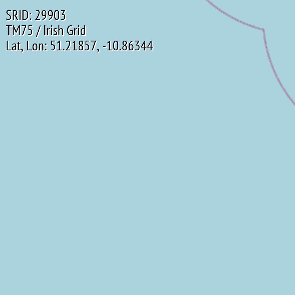 TM75 / Irish Grid (SRID: 29903, Lat, Lon: 51.21857, -10.86344)