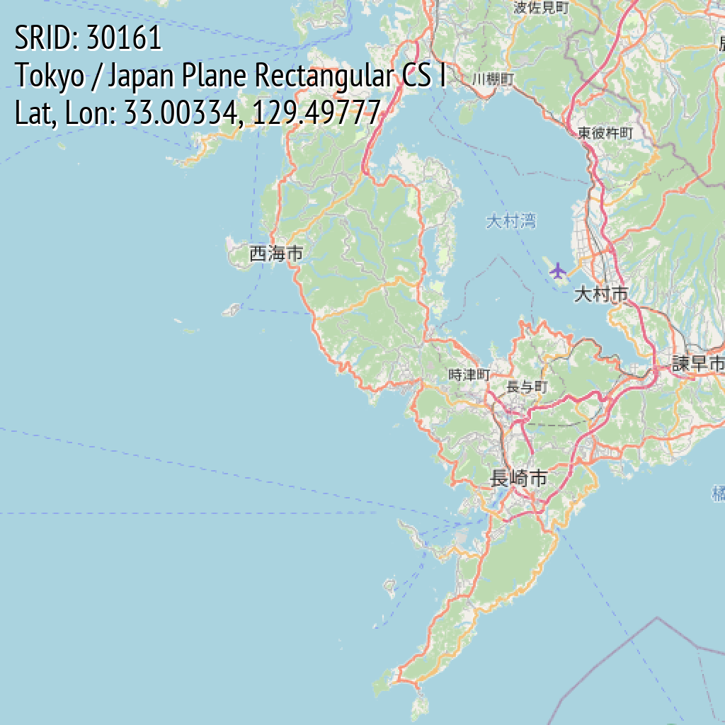Tokyo / Japan Plane Rectangular CS I (SRID: 30161, Lat, Lon: 33.00334, 129.49777)