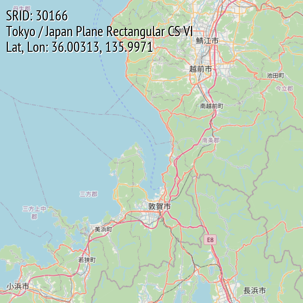 Tokyo / Japan Plane Rectangular CS VI (SRID: 30166, Lat, Lon: 36.00313, 135.9971)