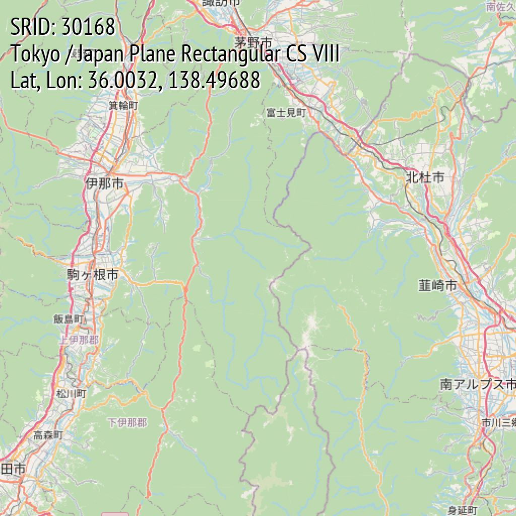 Tokyo / Japan Plane Rectangular CS VIII (SRID: 30168, Lat, Lon: 36.0032, 138.49688)