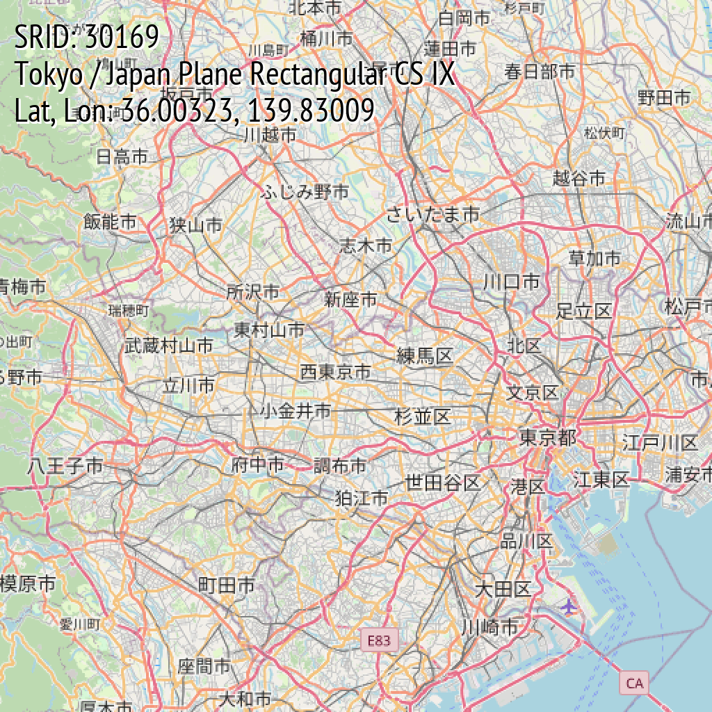 Tokyo / Japan Plane Rectangular CS IX (SRID: 30169, Lat, Lon: 36.00323, 139.83009)