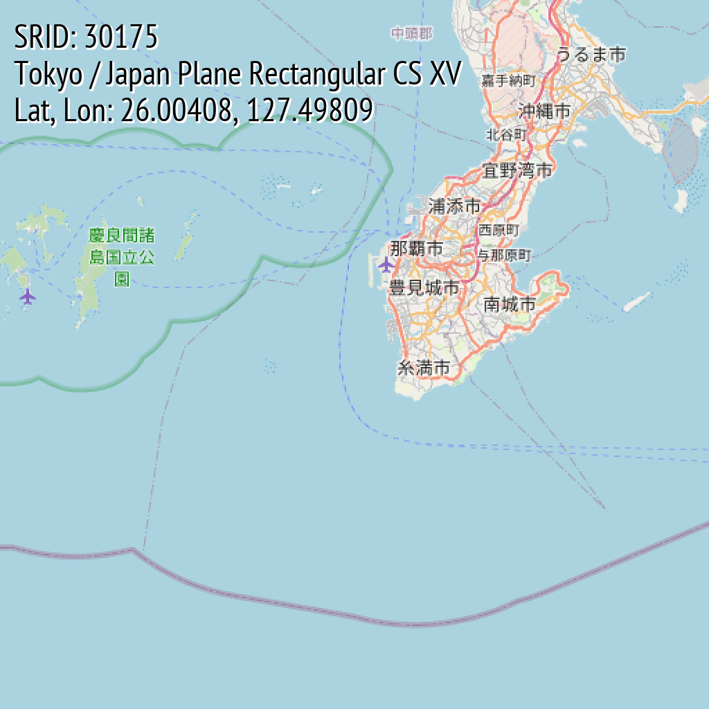 Tokyo / Japan Plane Rectangular CS XV (SRID: 30175, Lat, Lon: 26.00408, 127.49809)