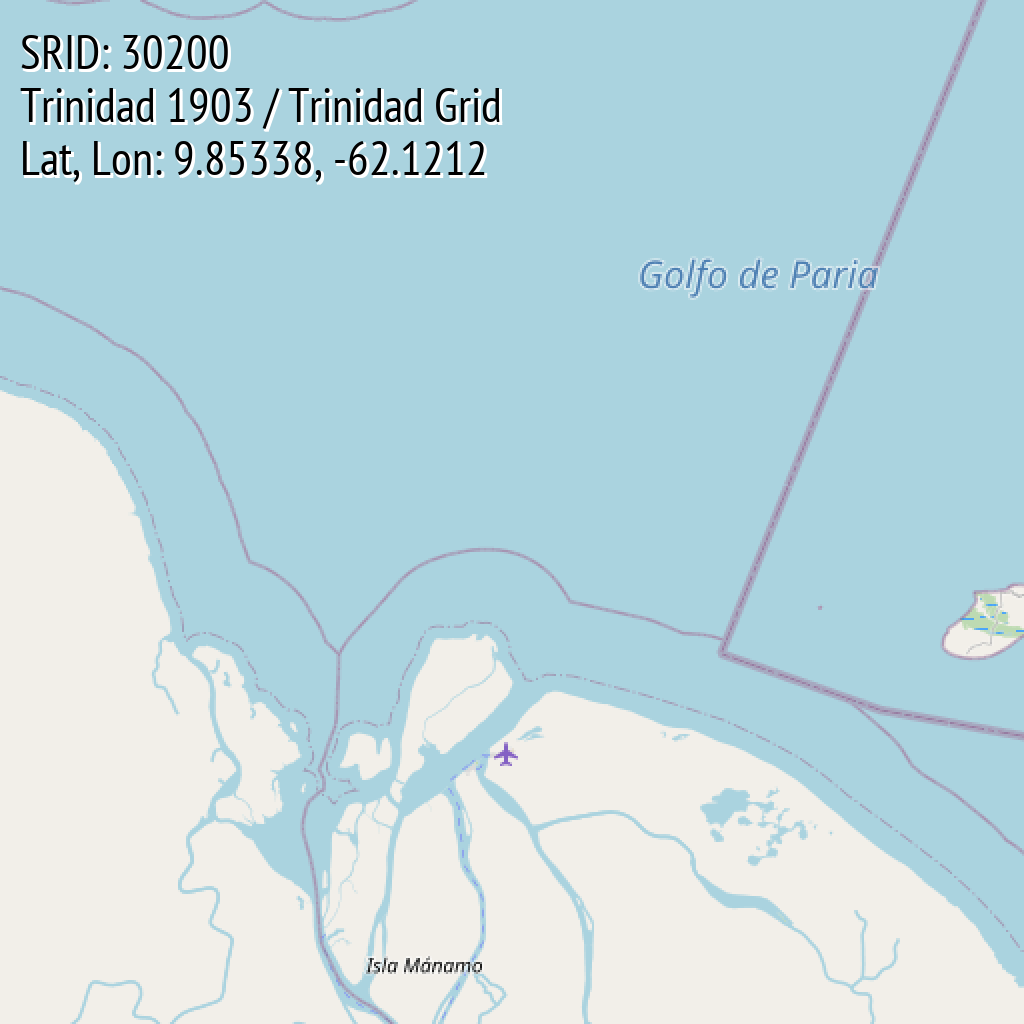 Trinidad 1903 / Trinidad Grid (SRID: 30200, Lat, Lon: 9.85338, -62.1212)