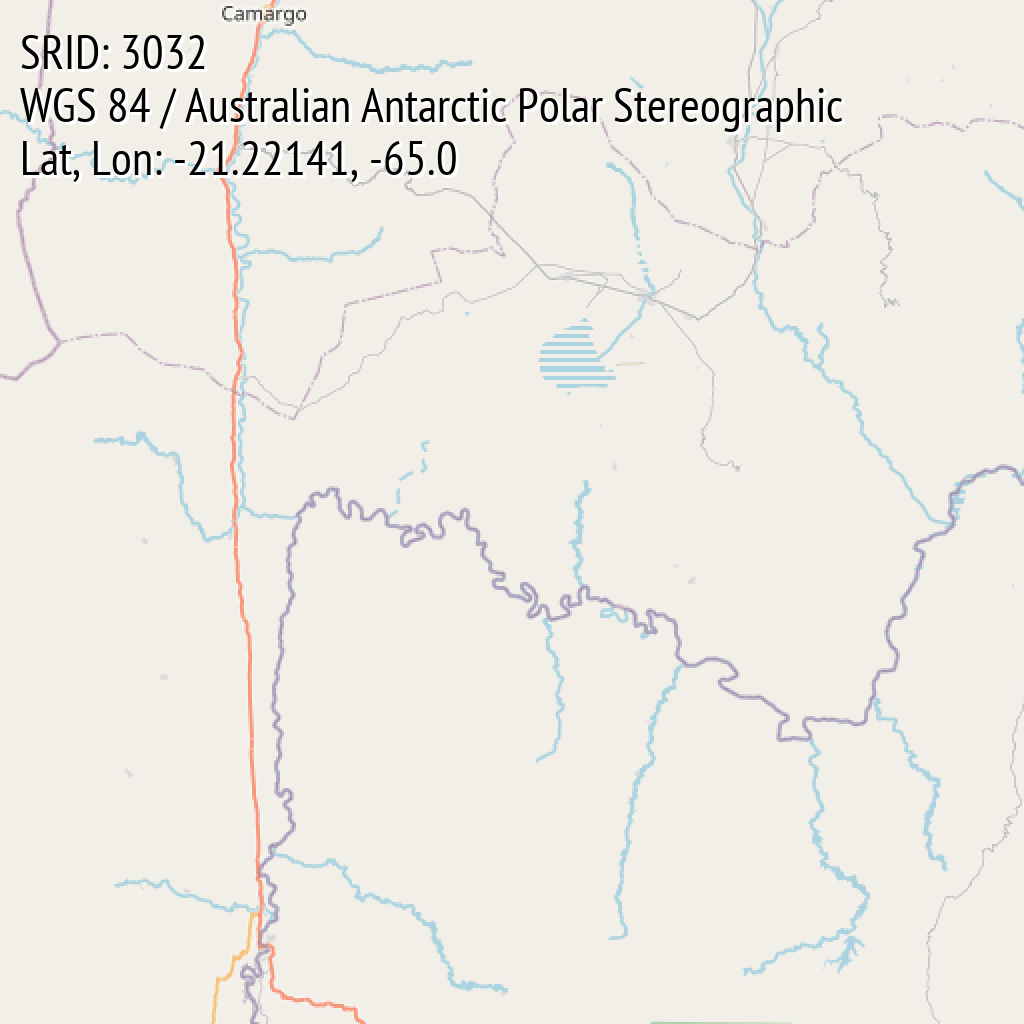 WGS 84 / Australian Antarctic Polar Stereographic (SRID: 3032, Lat, Lon: -21.22141, -65.0)