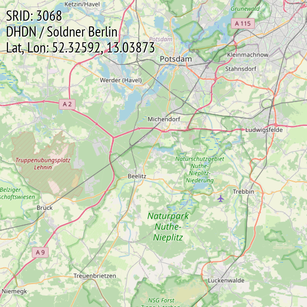 DHDN / Soldner Berlin (SRID: 3068, Lat, Lon: 52.32592, 13.03873)