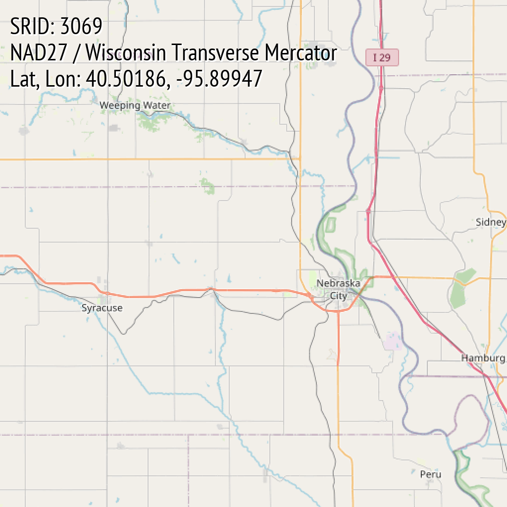 NAD27 / Wisconsin Transverse Mercator (SRID: 3069, Lat, Lon: 40.50186, -95.89947)